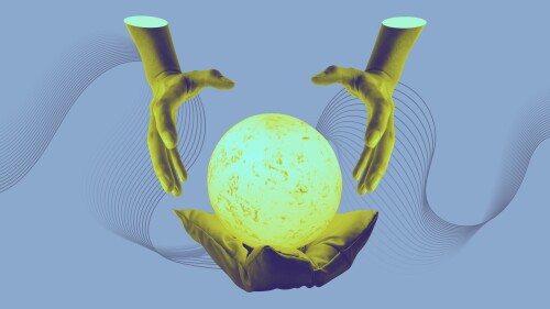 Hands holding crystal ball fortune telling collage art. Abstract concept of prophecy and prediction of future illustration