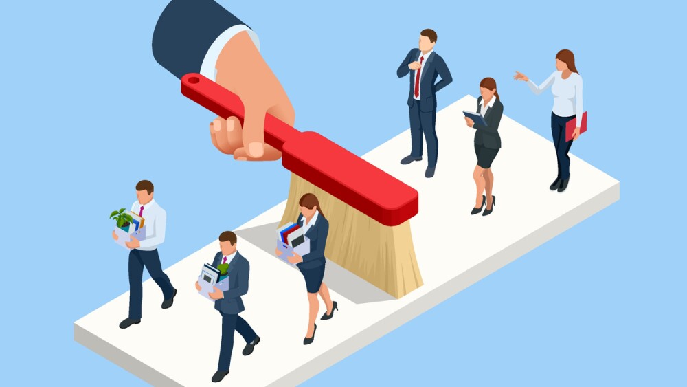 Illustration showing hand sweeping out half of employees
