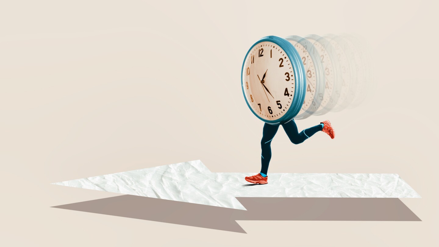 Contemporary collage with a running clock and an arrow. Planning and time management concept.