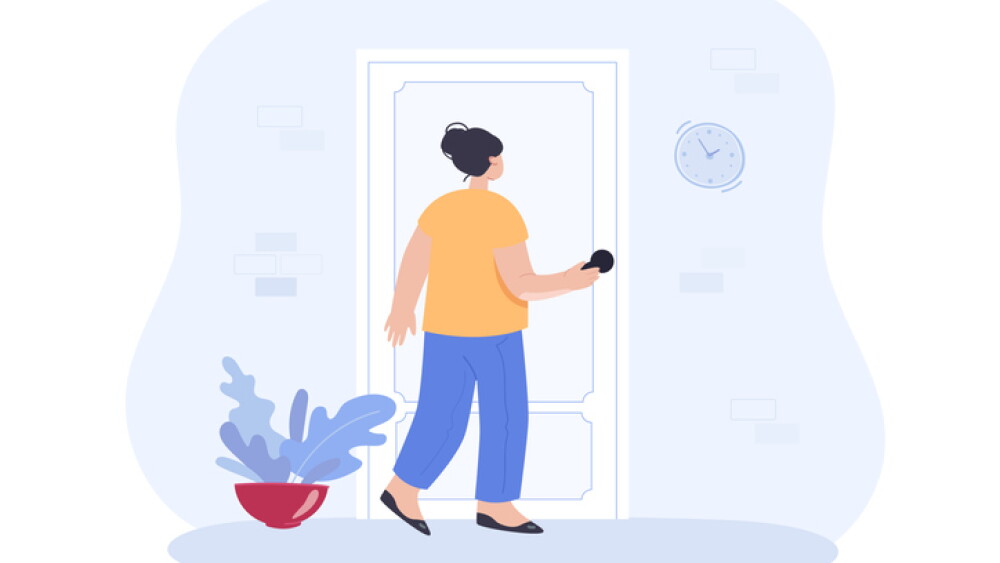 Young woman holding door knob flat vector illustration. Back view of girl entering building, modern apartment or house. Entrance, opportunity, challenge concept
