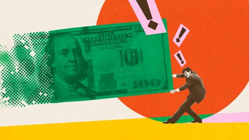 Man pushing against giant dollar bill, symbolizing burden of financial challenges amidst inflation and economic pressure. Conceptual creative design. Concept of inflation, finances