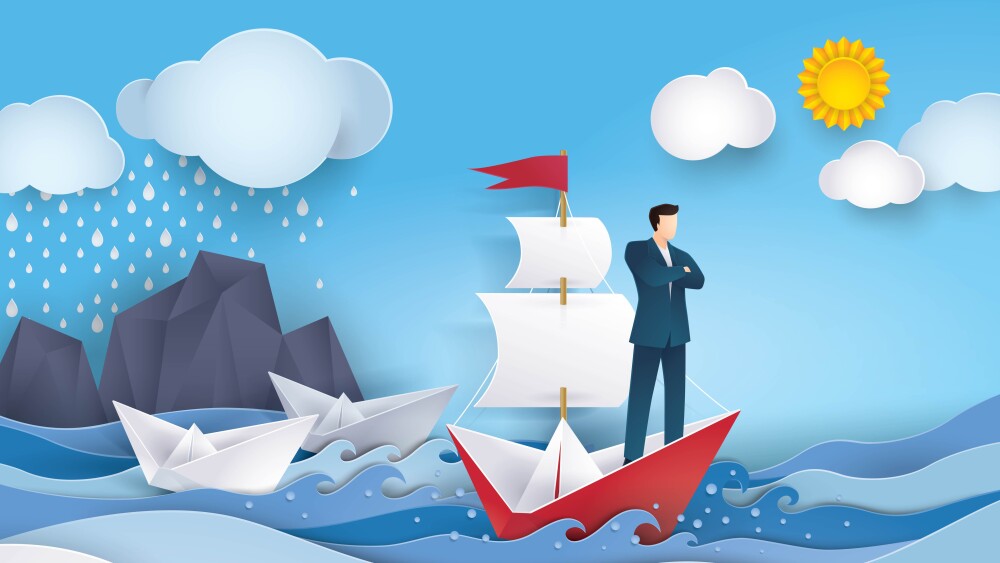 Businessman on Red and white sailing boat in the ocean, Leadership and Business concept, Creative idea, Future success. Paper art vector and illustration. The sky after Raining and big strom.