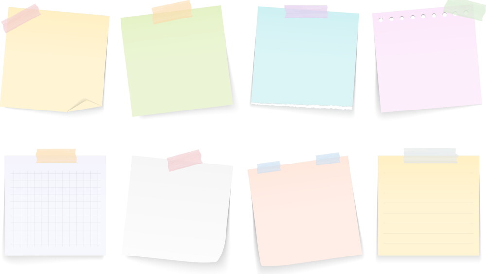 Blank paper notes attached by adhesive tape, white background, vector eps10 illustration