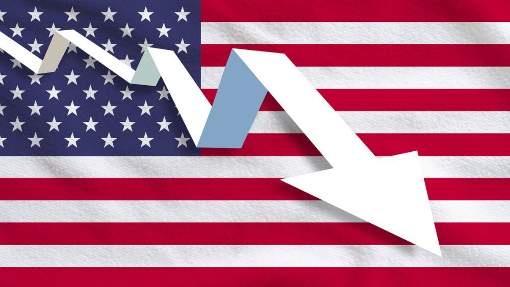 Illustration of arrow pointing down, away on top of U.S. flag