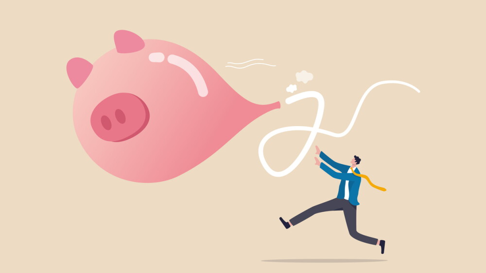 Loss money from economic crisis or stock market crash, financial problem or losing all savings pension concept, businessman running trying to catch flying deflate piggy bank balloon.