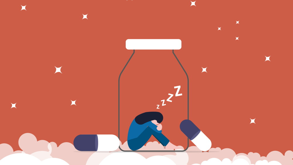Sleeping girl in the pill bottles. concept of pills, good sleep, Insomnia, exhausted and frustrated
