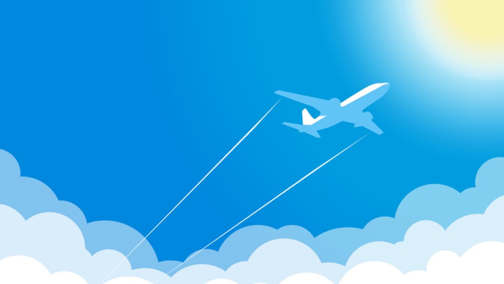 White plane in blue sky flies above clouds towards hot sun. Vector background