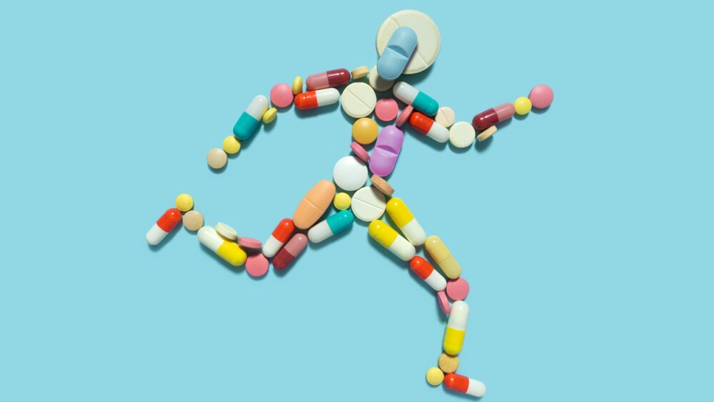 Creative medicine health sport concept photo of man person made of pills drugs running for doping.