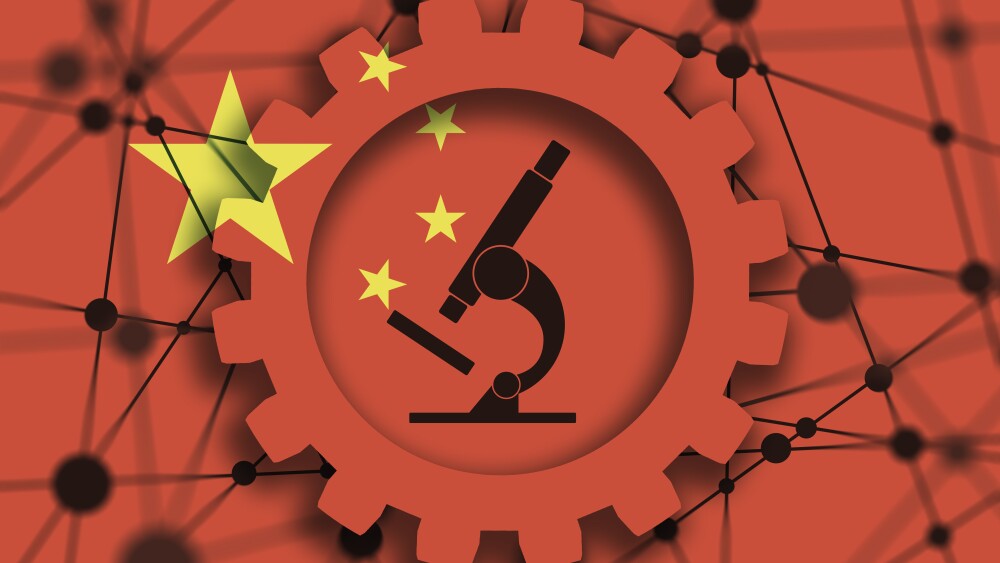 Microscope icon. Molecule and communication background. Connected lines with dots.