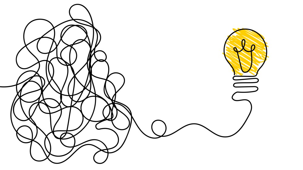 Lightbulb with tangled lines. Problem solving and brainstorming Idea concept. Vector illustration