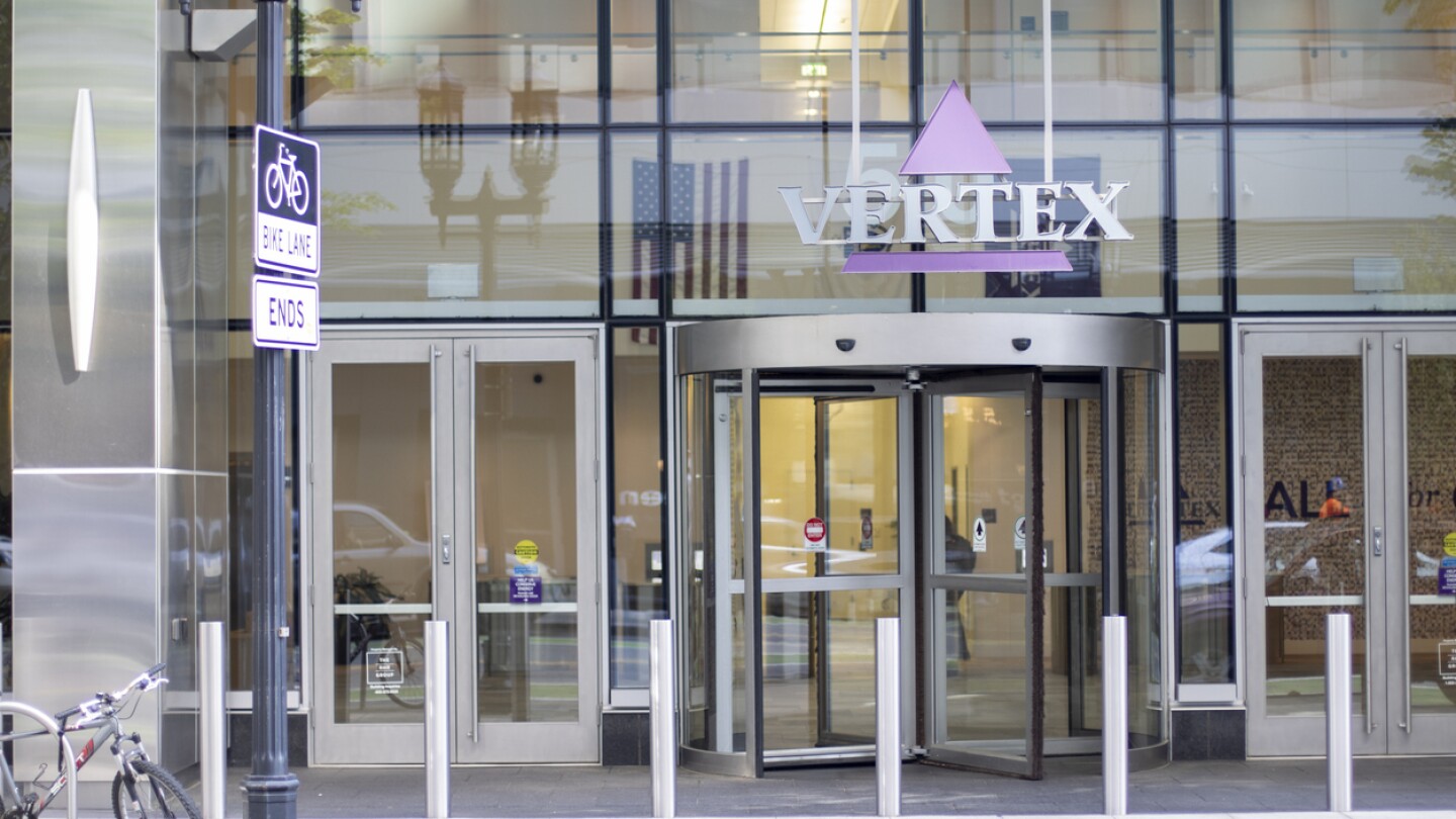 Boston, MA, USA - July 1, 2022: The main entrance to the Vertex headquarters building in Boston, Massachusetts. Vertex Pharmaceuticals is an American biotechnology company.