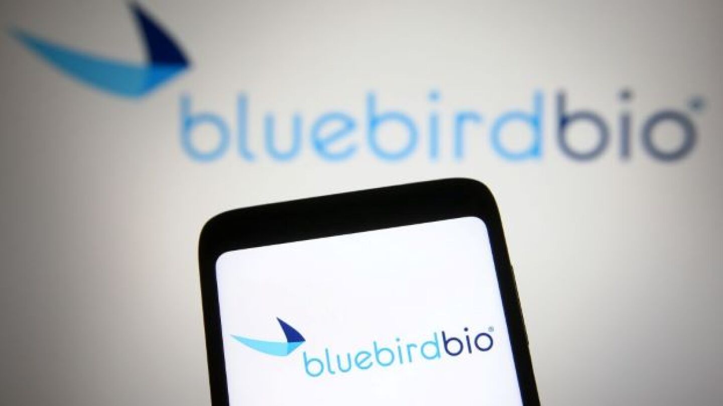 Pictured: bluebird bio logo on wall/device, courtesy of Pavlo Gonchar