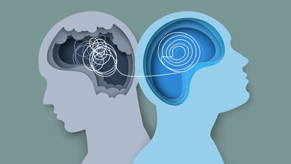 Psychological help and psycho therapy for mental health vector illustration. Two human heads silhouette paper cut design