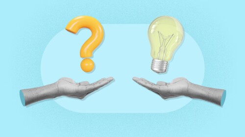 Illustration with one open hand under a question mark and another under a light bulb