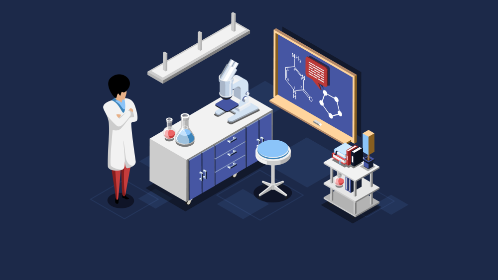 A cartoon of a scientist standing in a laboratory, next to a microscope and flasks