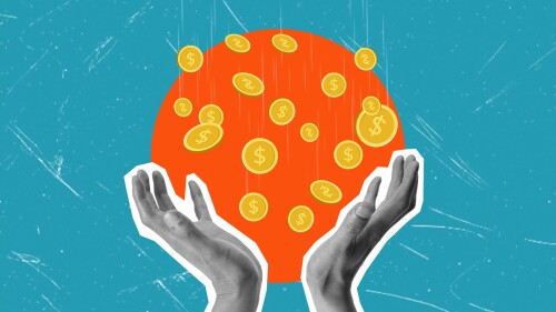 Art collage, hands and falling coins in orange circle. Modern design of finance and business.