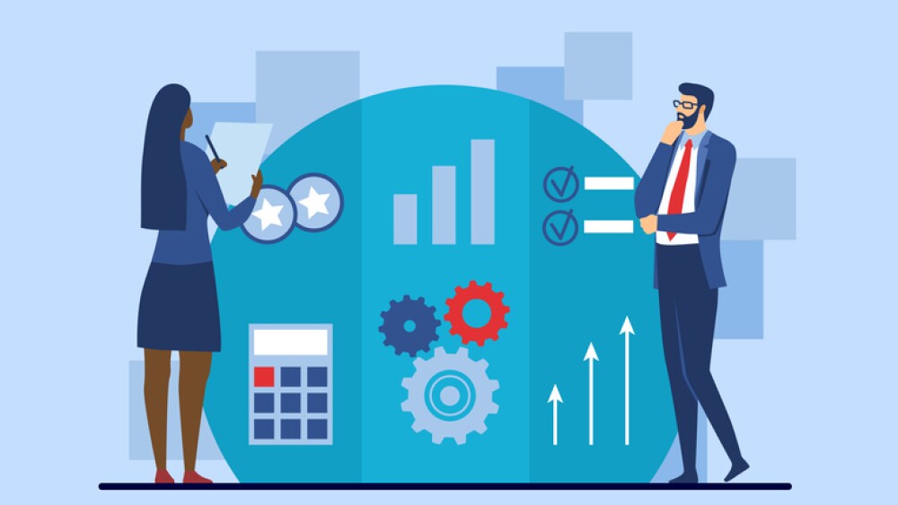 Strategy for company development concept. Employees conduct comparative analysis to improve their work. Competitiveness of business. Cartoon flat vector illustration isolated on blue background
