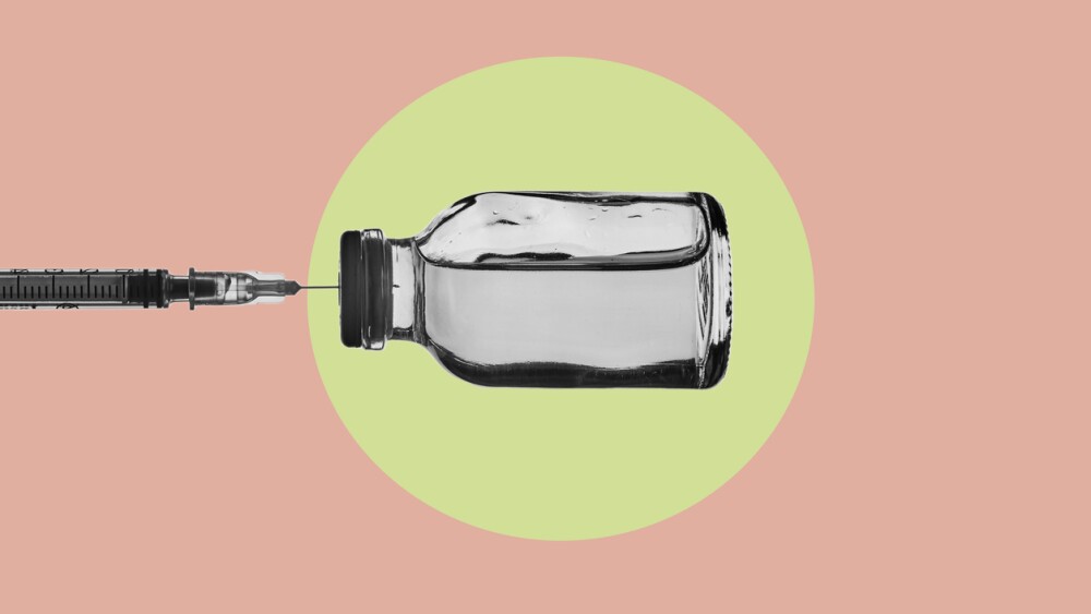 a vial with a syringe stuck in its stopper in black and white on a pink background with a yellow circle