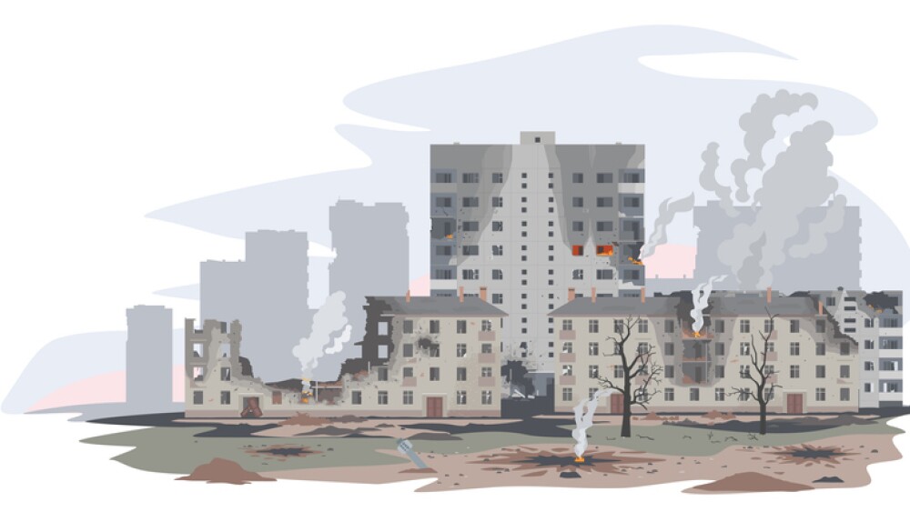 War-torn city vector illustration: depicts structures heavily damaged post aerial bombing or missile attacks during warfare.