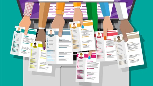 Job resume document out from laptop. Hands holding cv resume papers. Human resources management concept, searching professional staff, work. Found right resume. Vector illustration in flat style