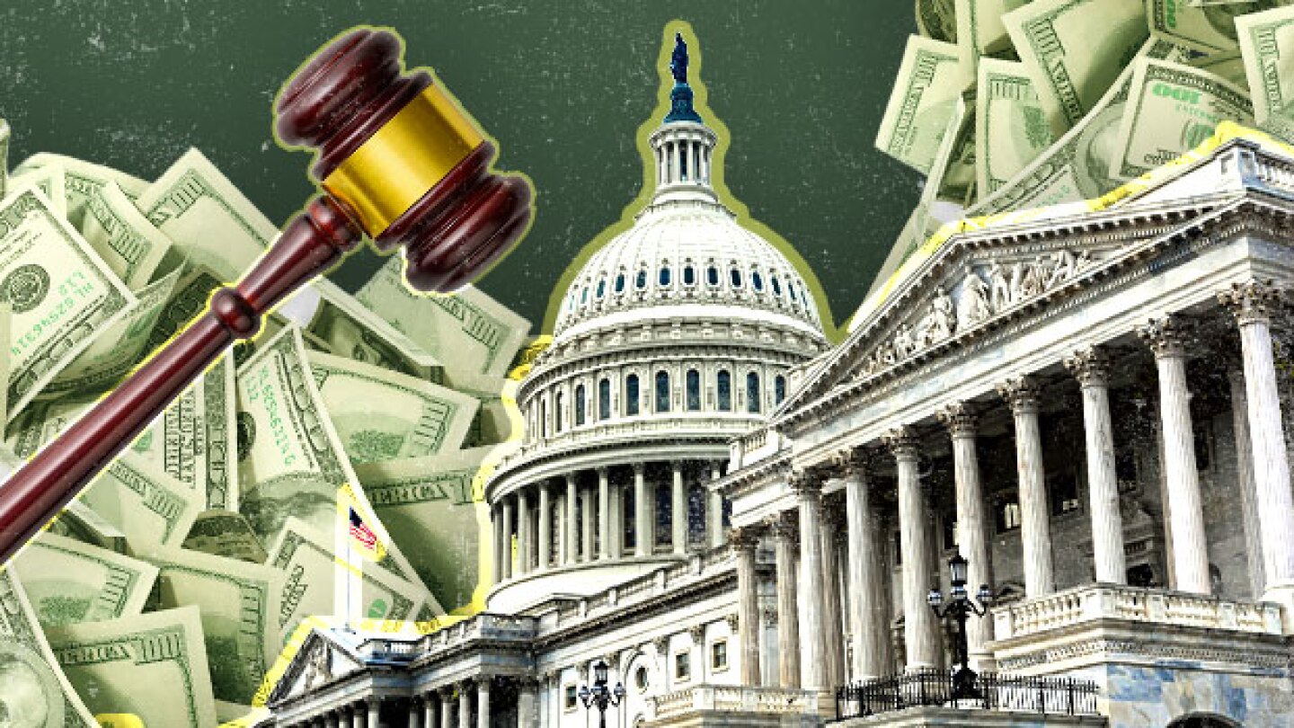 Pictured: Collage of Capital building, money, and gavel