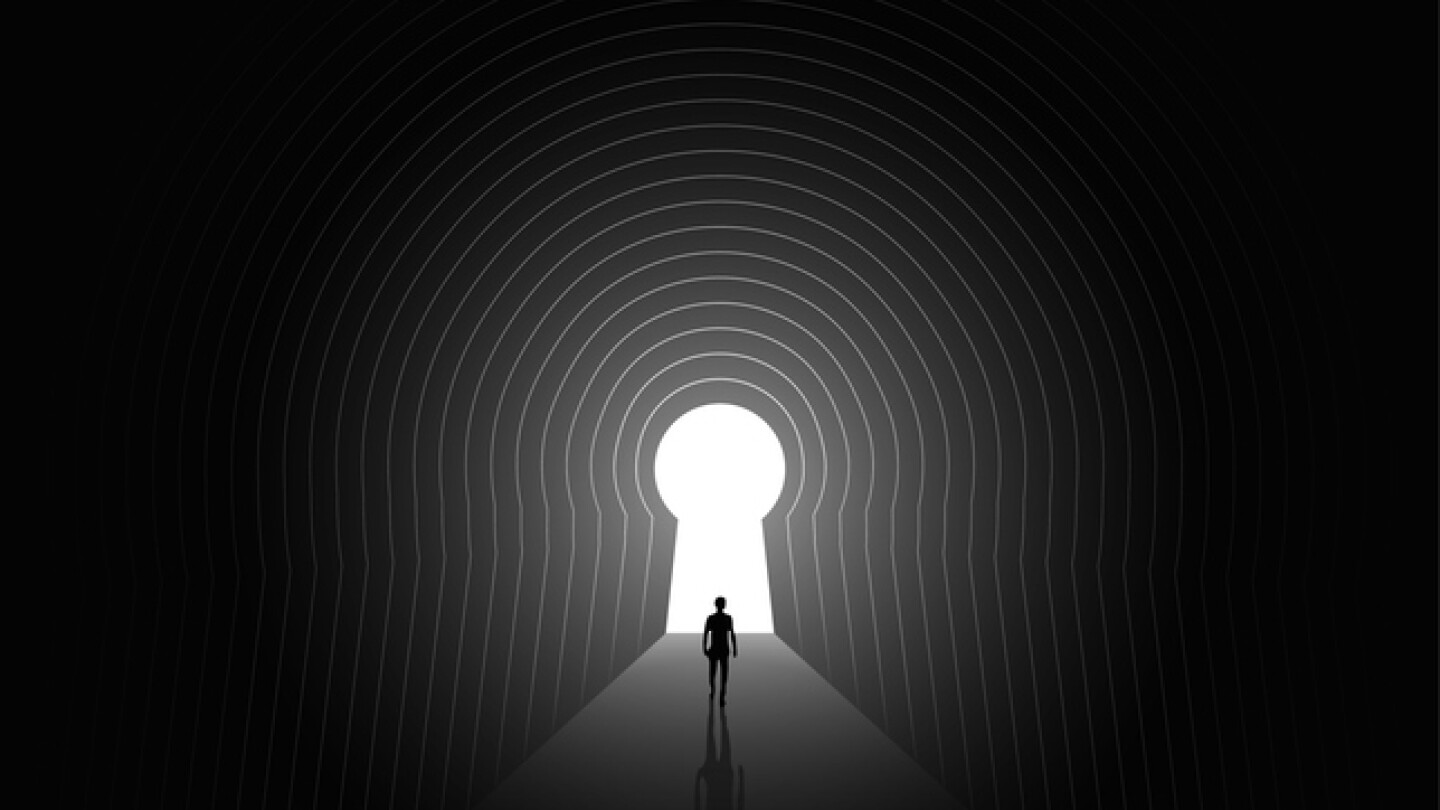 Escape or finding a way or destiny or solving life problems psychologic concept with human silhouette walking through the dark tunnel to the light at the end of the tunnel. Vector eps 10 illustration