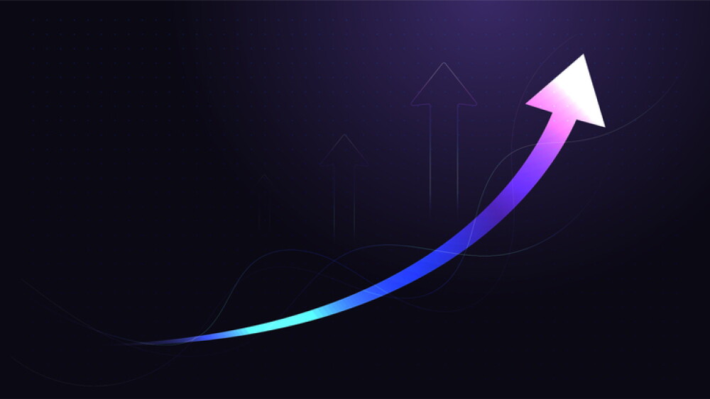 Glowing neon blue and purple arrows surge upward, representing the high-speed nature of increasing market value in Finance concepts, with business graphic features jagged paths moving upward, illustrating a powerful and increasing growth trajectory.