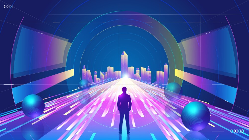 Neon tunnel leading to futuristic city