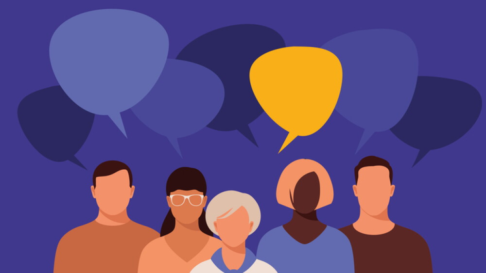 People group with speech bubbles. Banner concept of business, internet discuss, news, social networks, chat, dialogue.