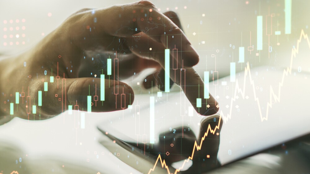 Abstract creative financial graph with finger clicks on a digital tablet on background, forex and investment concept.