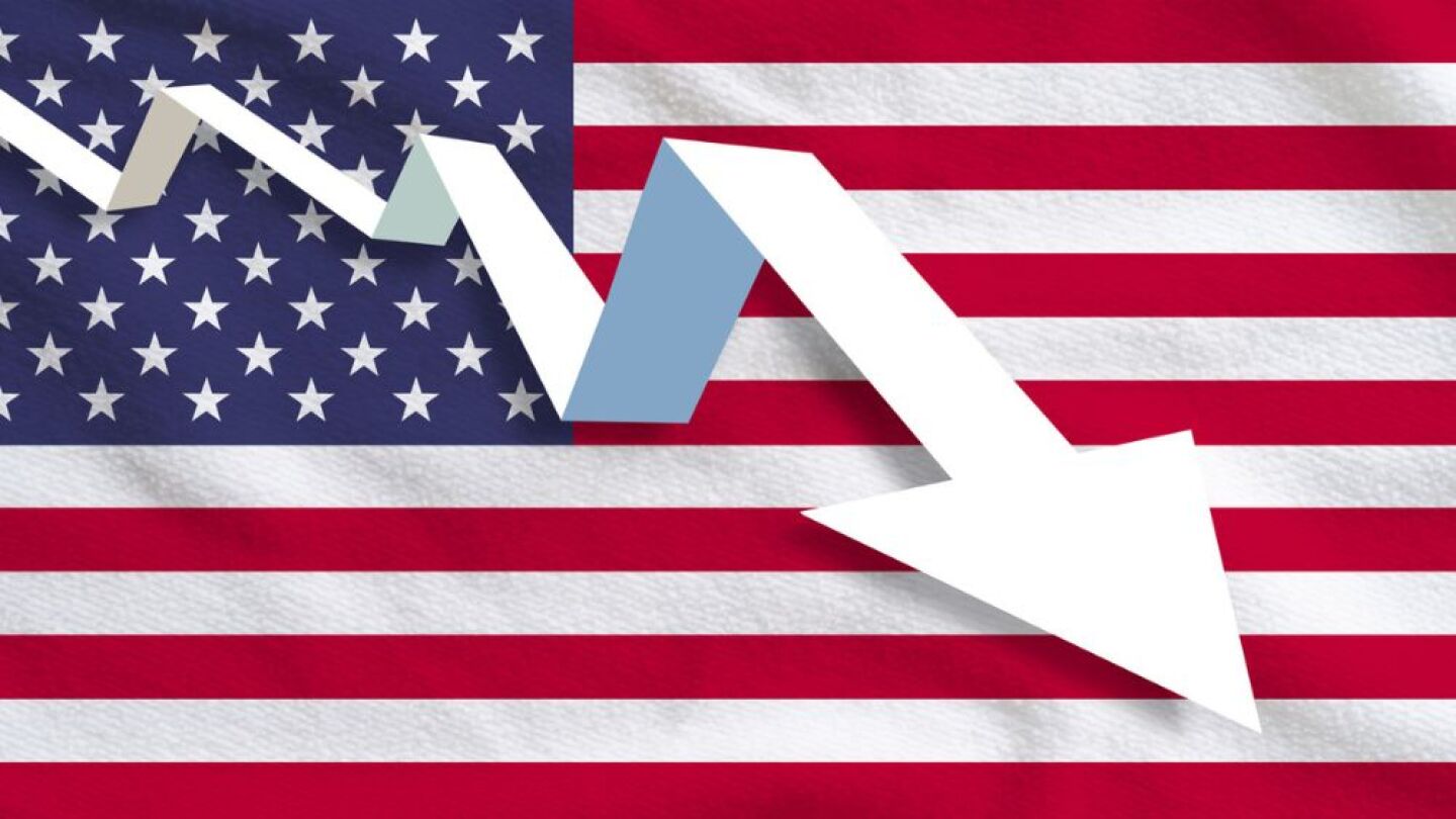 Illustration of arrow pointing down, away on top of U.S. flag