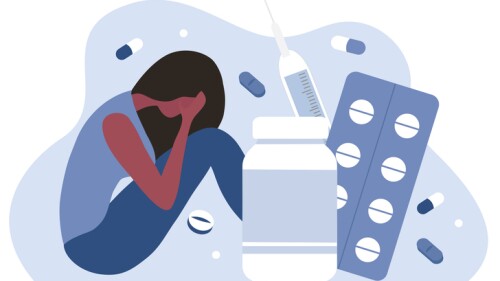 Drug addiction concept, depressed woman with medicine pills. Medical health care and pharmaceutical vector illustration