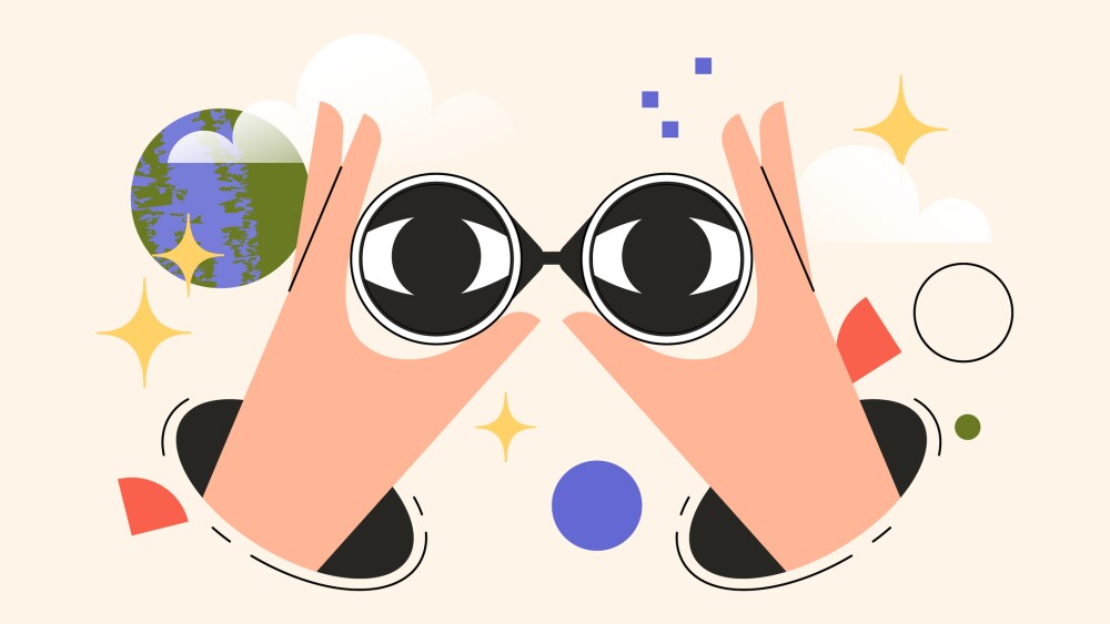 Hands holding binoculars. Concept of search, research or strategy for business. The eyes look forward through the lens. Vector illustration for web or user interface.
