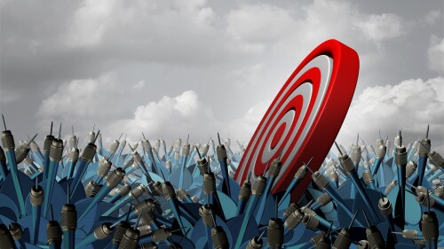 Lost at sea strategic crisis and strategy trouble concept as a target floating aimlessly in an ocean of confused blue darts as a business metaphor for economic or corporate plan despair as a 3D illustration.