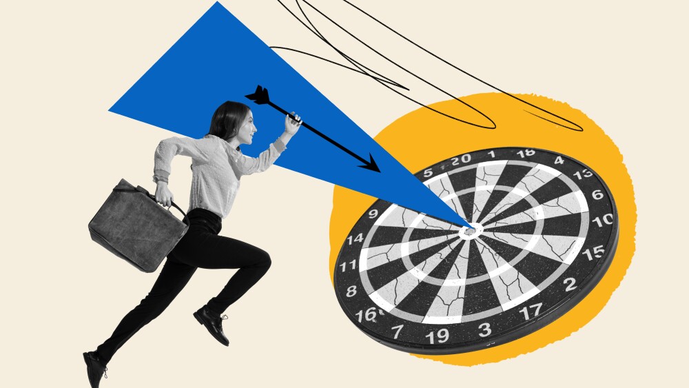 Contemporary art collage. Conceptual design with young woman, motivated employee running forward to reach goal, professional success. Concept of business, career development, achievement