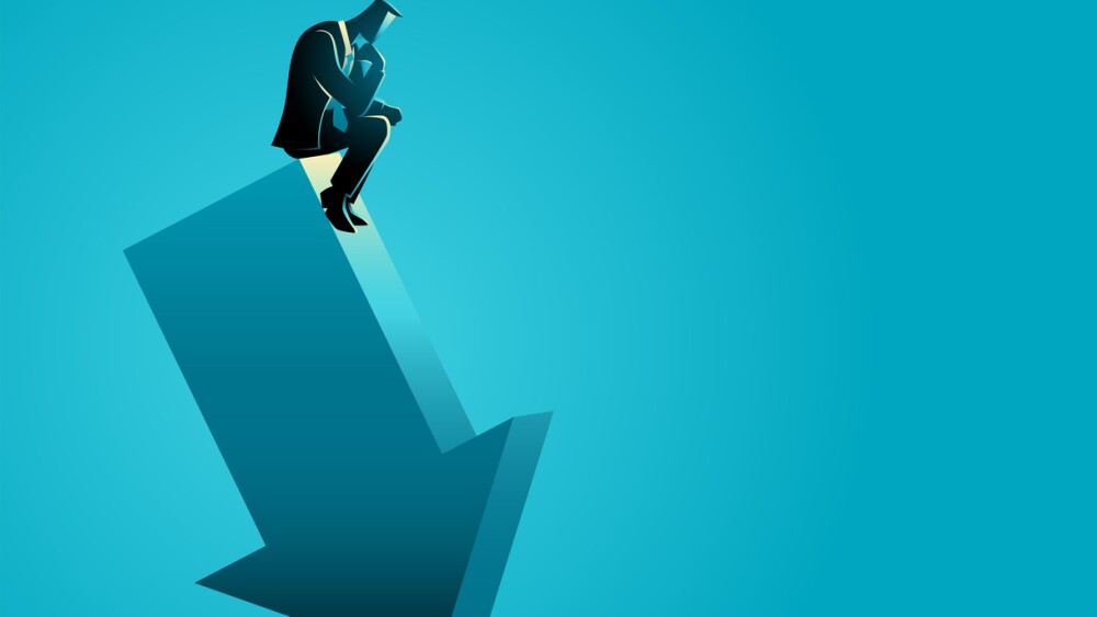 Business concept illustration of a businessman sitting contemplating on fallen arrow sign, bankruptcy, failure in business concept