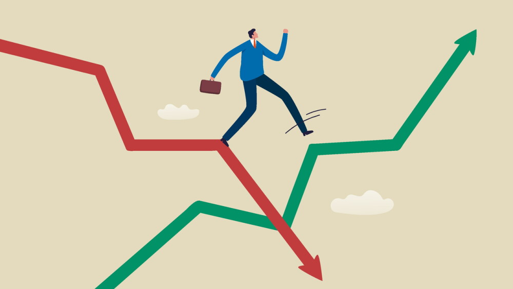 Economic Recovery. Change from loss to profit. Portfolio adjustment in economic crisis or stock market. Businessman jumping from falling arrow to rising arrow. Illustration