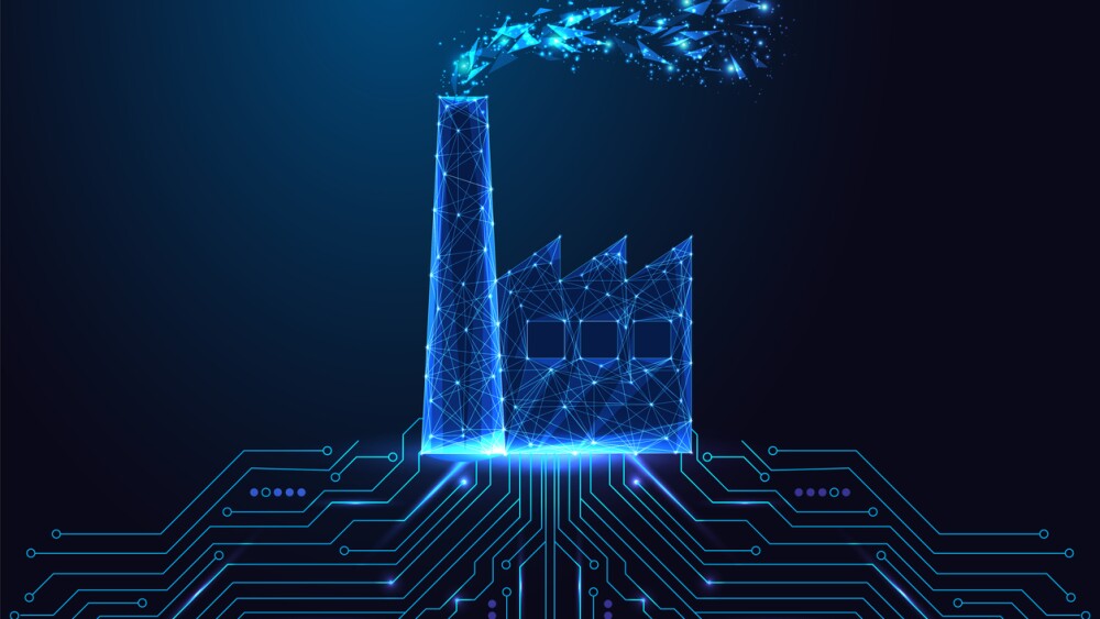 Smart industry and digital manufacturing concept with glowing polygonal factory connected to circuit board on dark blue background. Futuristic low poly style, abstract vector illustration.