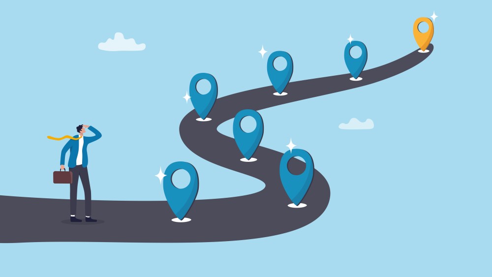 Success roadmap journey, milestone or career path achievement, route or pathway to achieve goals, accomplishment, assessment or way to success, businessman look at achievement milestone to success.