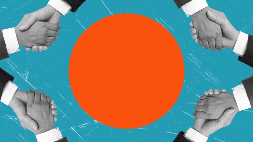 Close the deal by shaking hands. Art collage. Orange circle in the center.