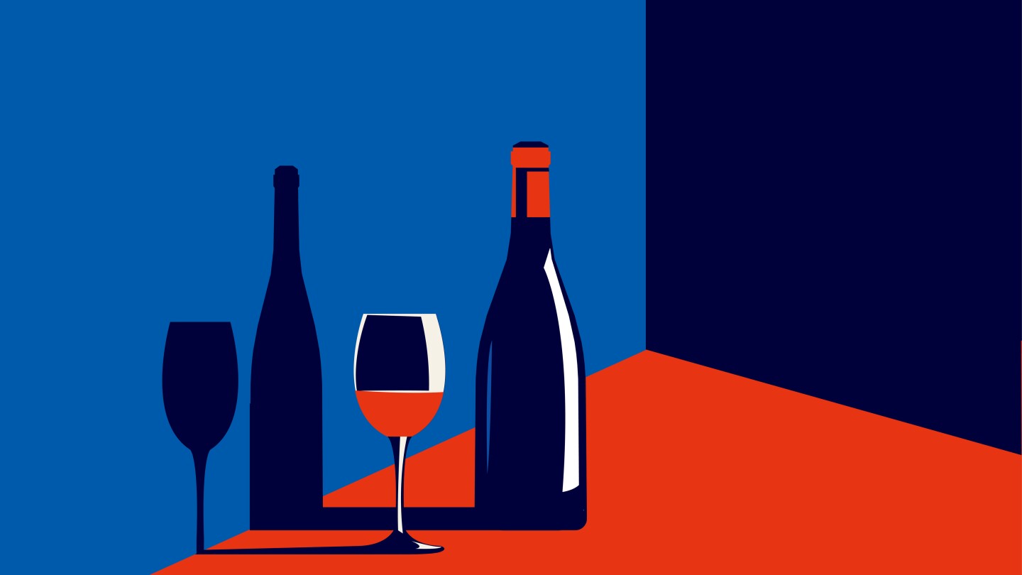 Vector illustration of a bottle of wine and a glass with red wine next to it in trendy colors in a minimal style.