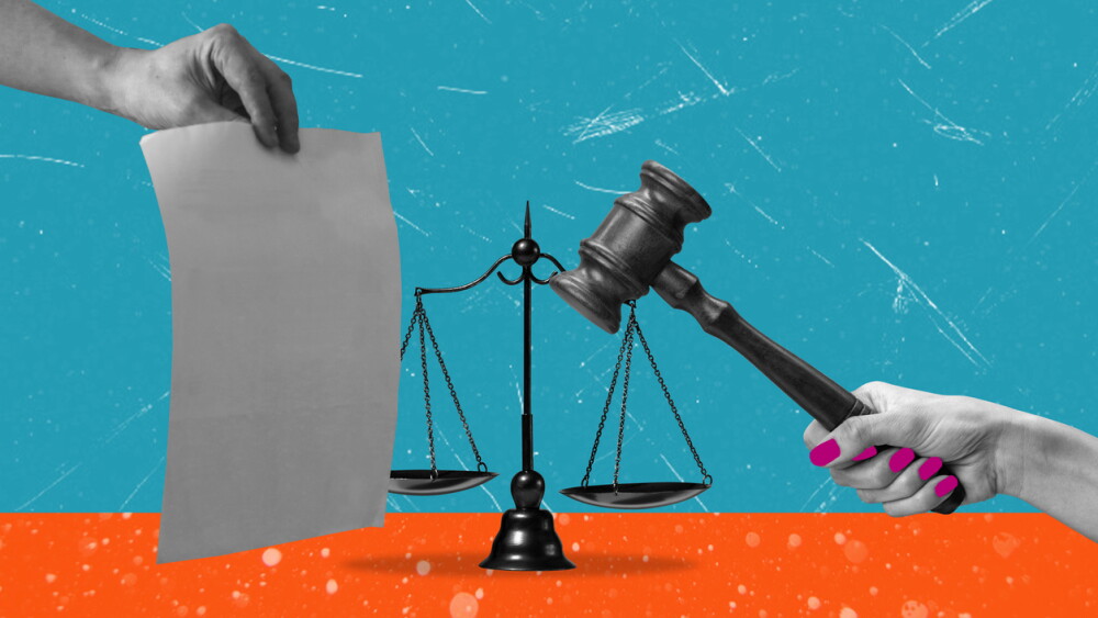 Art collage, Two hands are shown holding a legal document and a gavel, with scales of justice in the center. The colorful background enhances the theme of law and order, highlighting the importance of justice.
