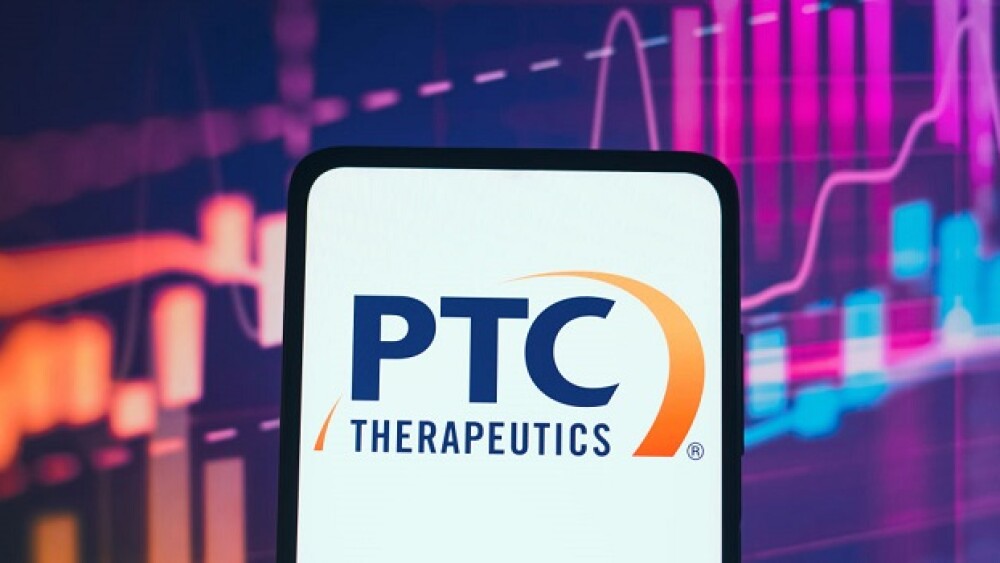 The PTC Therapeutics logo is pictured on a phone s