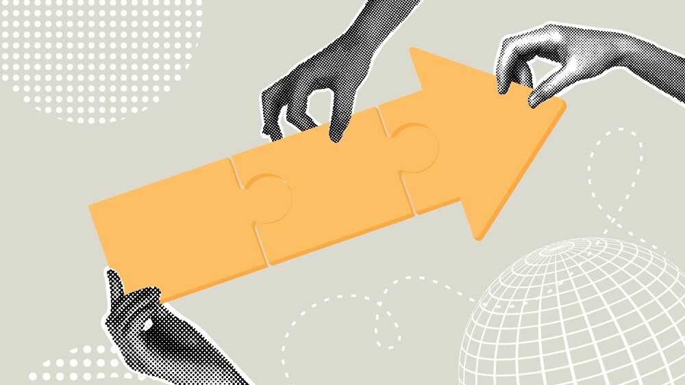 Modern halftone collage. Concept of teamwork, problem solving together, business direction, collaborate to win,achieve success. Business creative illustration for web banner, marketing material, business presentation. Vector illustration