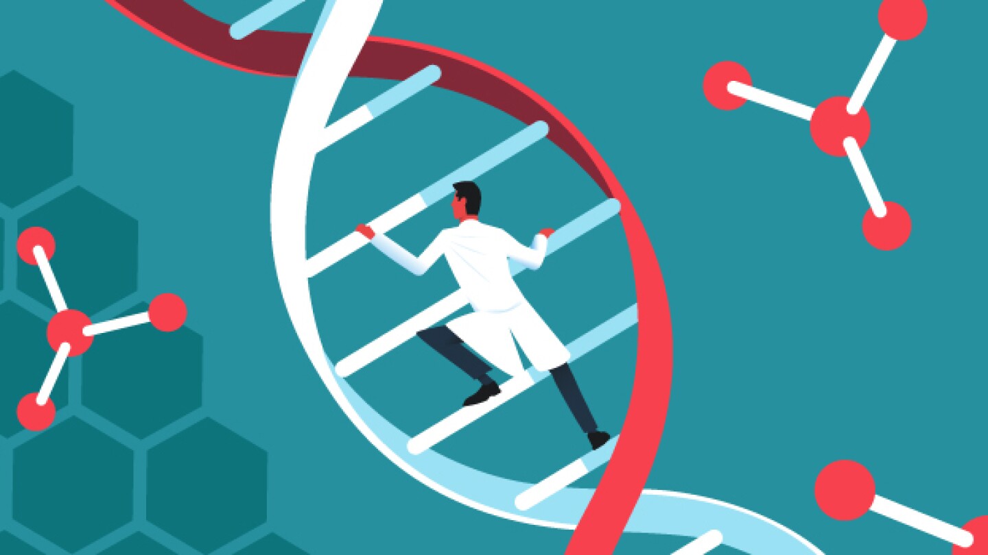 Pictured: Man climbing a DNA double helix/iStock, Moor Studio