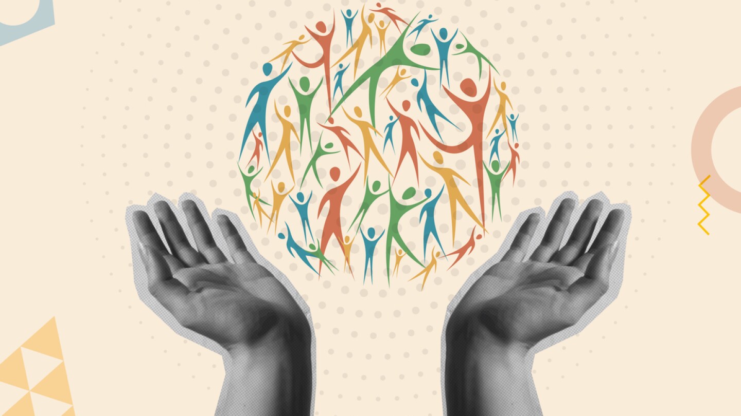 Illustration showing open hands underneath people inside circle shape