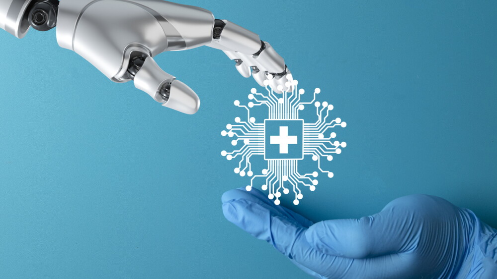 A robot hand and a doctor's hand with a medical technology icon. A concept for human and AI collaboration in healthcare, robotic-assisted surgery, and the future of medicine.