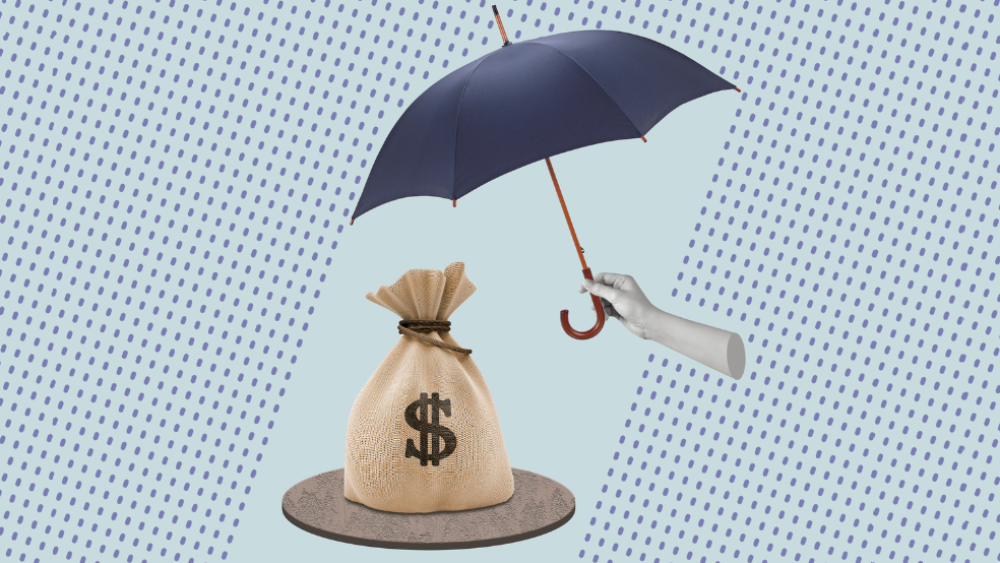 Contemporary art collage of a hand holding an umbrella over a bag of money. The concept of protection of profit and wealth. Copy space.