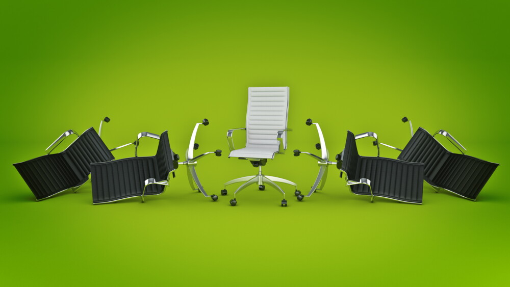 Illustration of office chair concept showing one chair upright and four knocked down