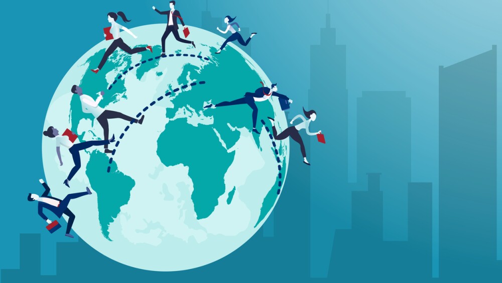 Global business concept. Vector of business people running from one country to the other